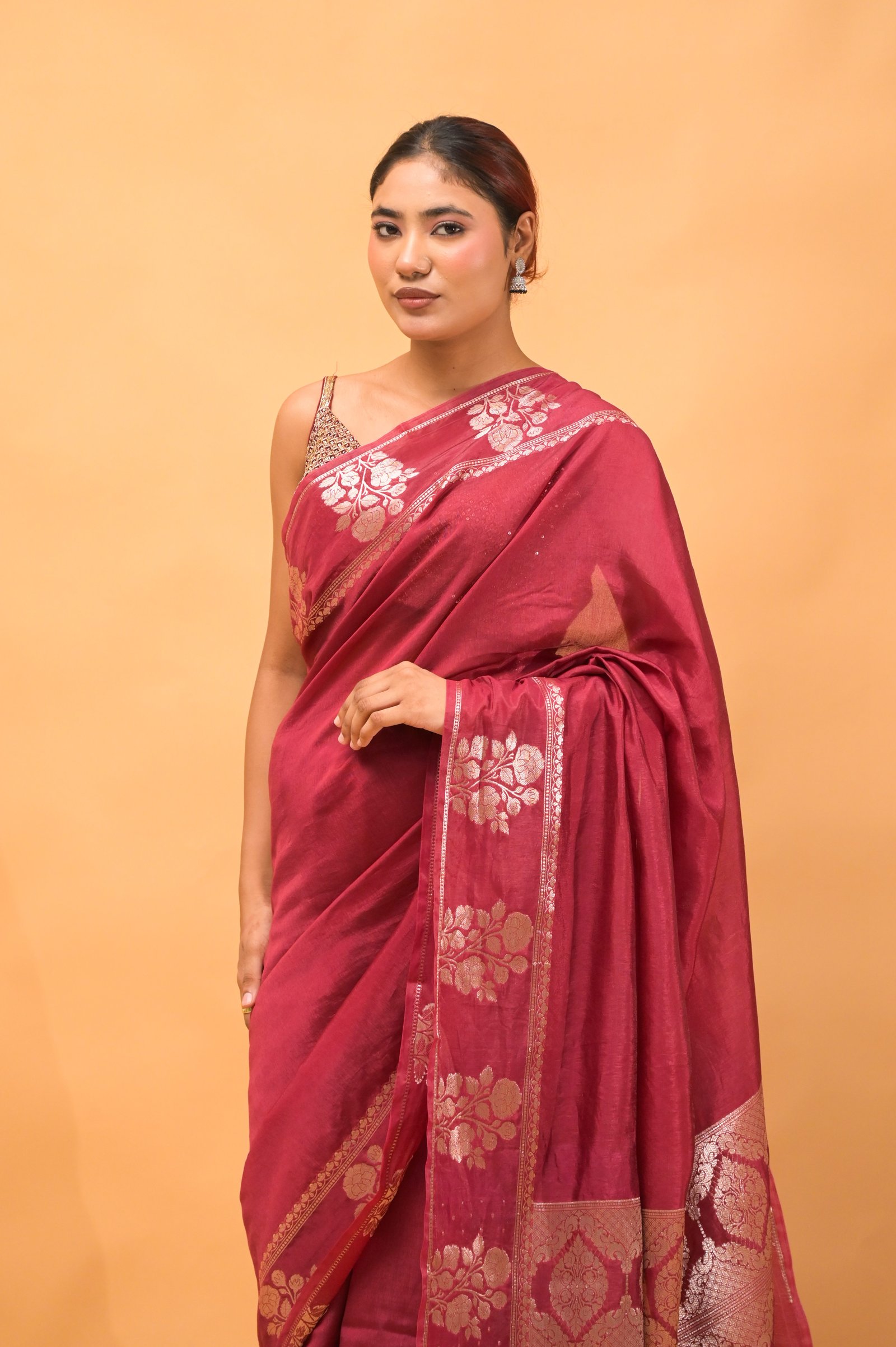 Maroon Tussar Silk Saree with Golden Floral Zari Work